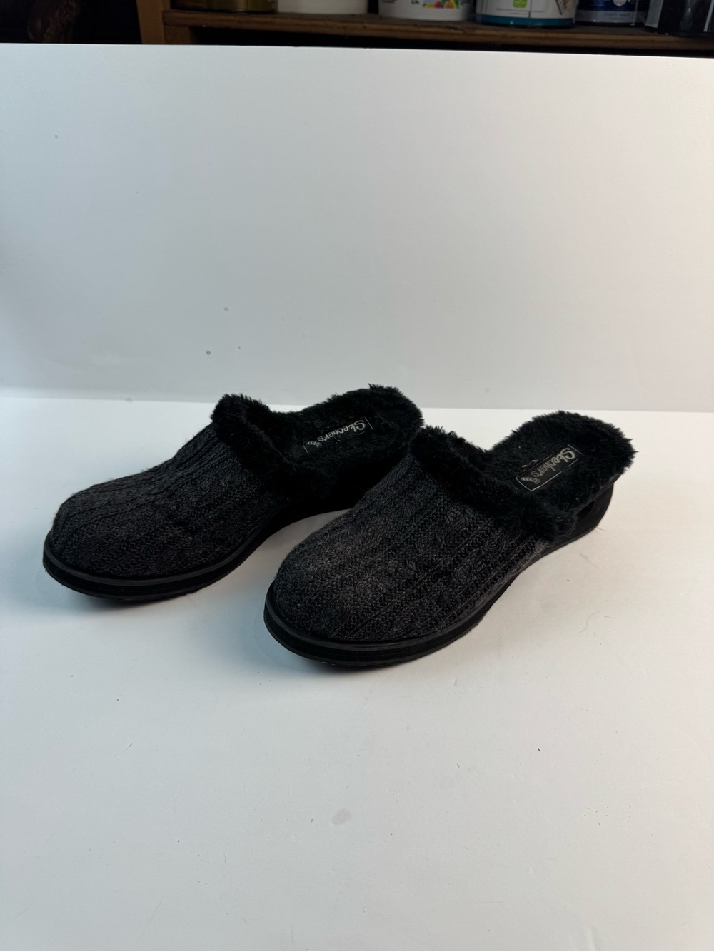 Skechers Black Plush-Lined Knit Slip-On Slippers